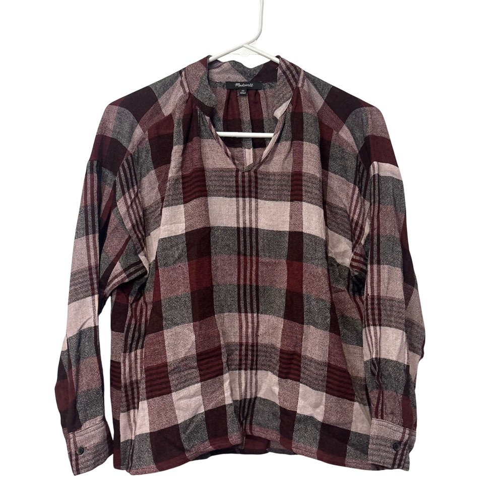 Madewell Plaid Pullover Blouse Womens XS Burgundy Grey Wool Blend Split Neck
